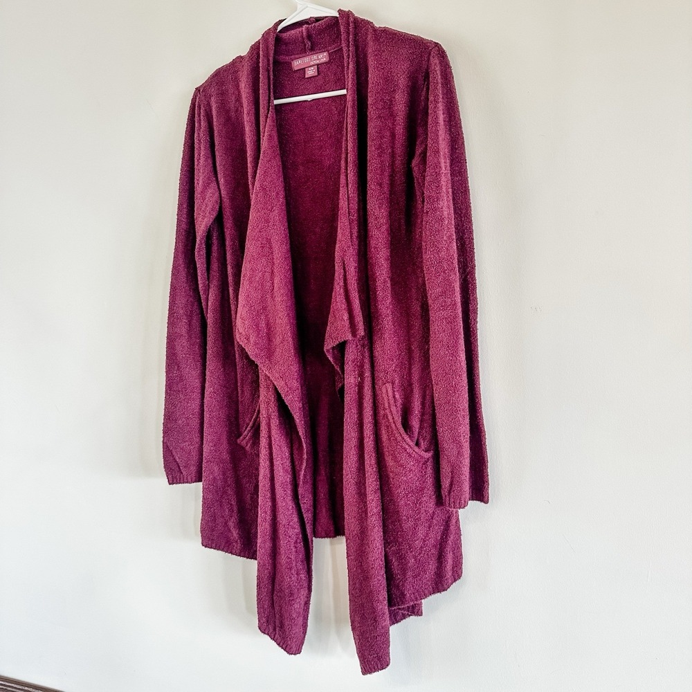 Women's Barefoot Dreams Cozy Chic Lite S/M Cardigan Burgundy Pockets Relax‎ NWOT - Picture 2 of 13